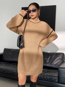 SHEIN Unity 女用短版針織毛衣連身裙,撞色下擺 - 棕色 - 查看 4