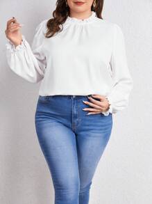 SHEIN Privé Plus Frill Trim Mock Neck Flare Sleeve Blouse - White - View 4