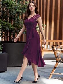 MIUSOL Contrast Floral Lace Ruffle Hem Chiffon Cocktail Party Swing Dress - Maroon - View 1