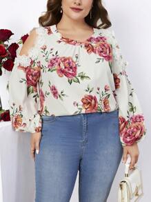 SHEIN Clasi Plus Size Cold Shoulder Collar & Lantern Sleeve Shirt With Applique Embellishments - Multicolor - View 5