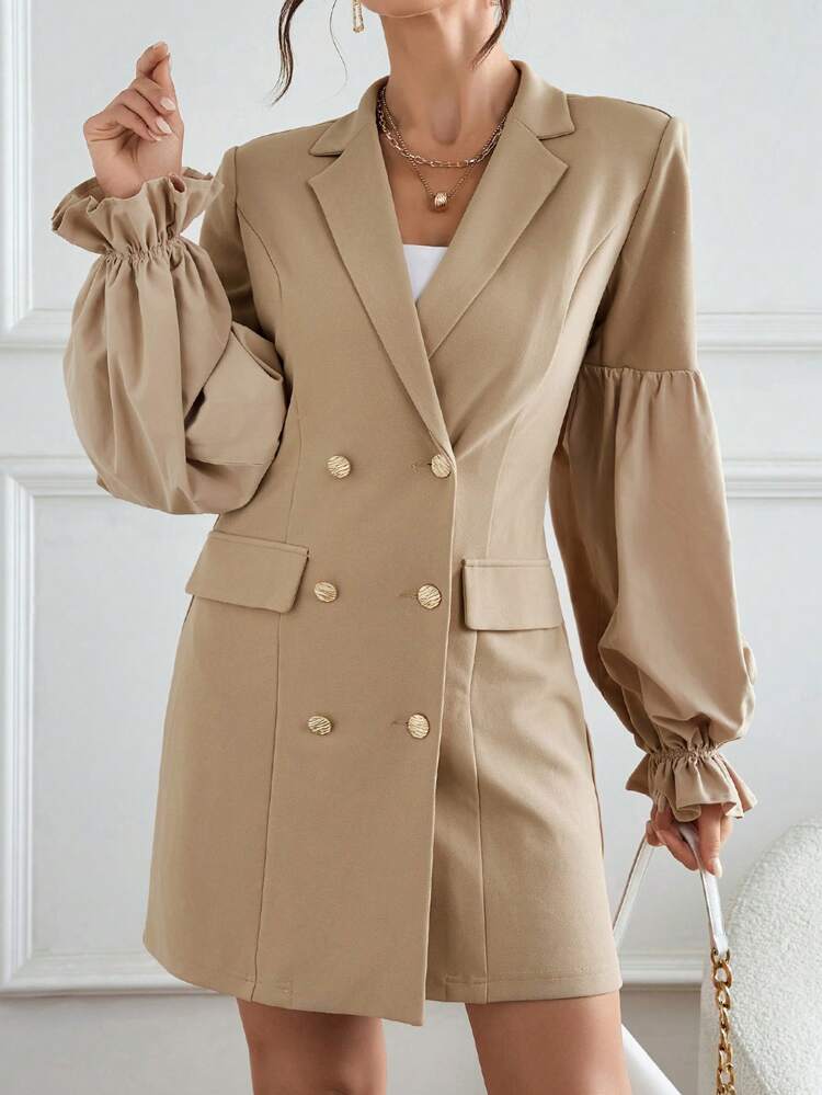 Flounce Sleeve Double Breasted Flap Detail Blazer Dress
