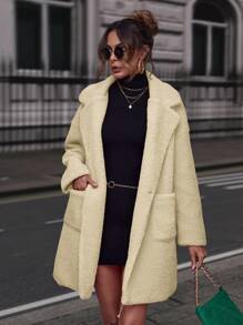 EURMUSE Turn-down Collar Teddy Coat With Double Pockets - Beige - View 1