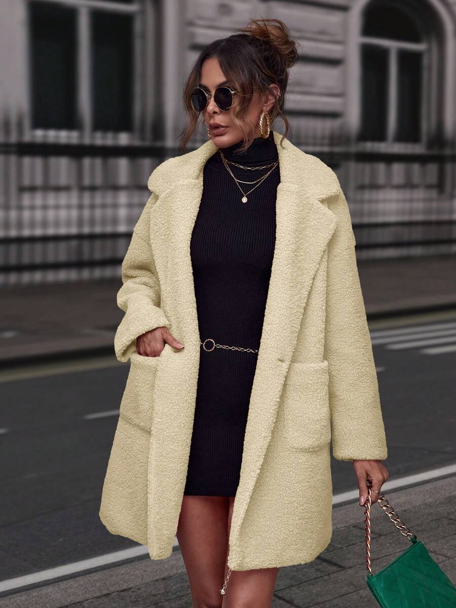 EURMUSE Turn-down Collar Teddy Coat With Double Pockets - Beige - View 1