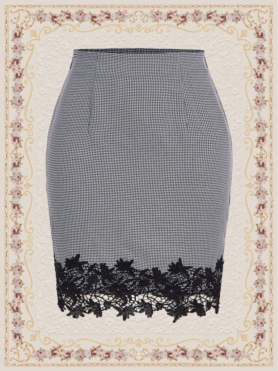SHEIN DECDS 女千鳥格圖案拼布蕾絲半身裙 - 黑與白 - 查看 1