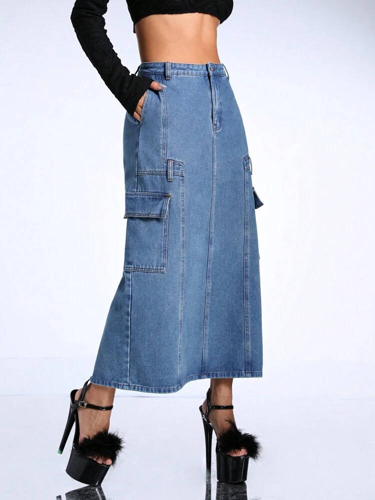 Y2k Style Blue Low-waisted Loose-fit Denim Midi Skirt With Utility Pockets For Women