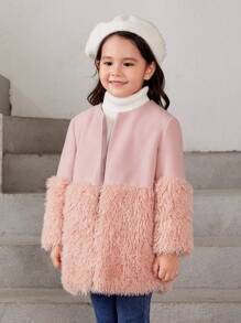 SHEIN Young Girl Open Front Fuzzy Panel Overcoat - Pink - View 4