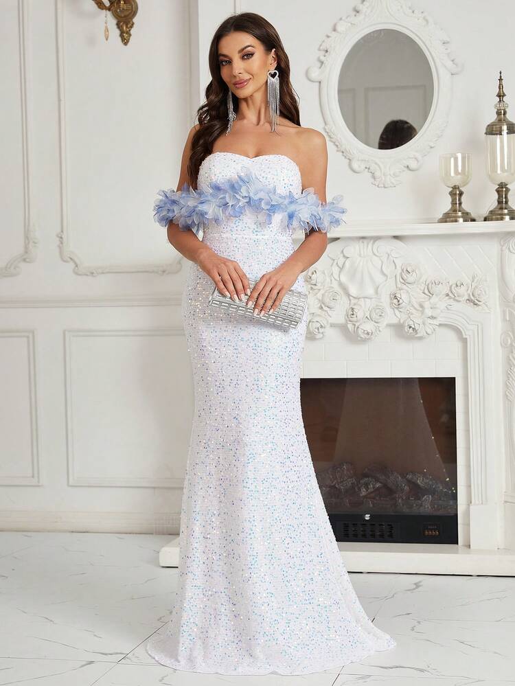 Off Shoulder Stereo Flower Mermaid Hem Sequin Formal Dress