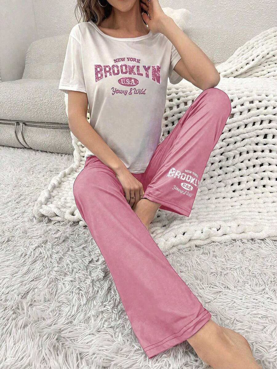 Slogan Graphic Tee & Pants PJ Set - Pink - View 1