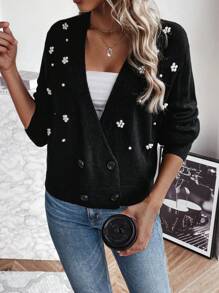 SHEIN LUNE Ngọc trai đính cườm Thả vai Nút đôi Áo len Mở - màu đen - Xem 6