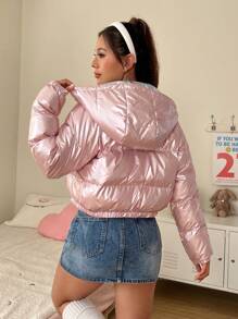 SHEIN EZwear 短款拉链连帽夹棉大衣 - 粉色 - 查看 2