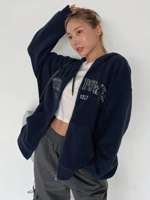 DAZY Women's Autumn/Winter Letter Embroidery Hooded Loose Casual Sweatshirt Jacket Zip Up - Navy Blue - View 6