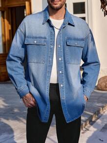 Manfinity Homme 寬鬆版型男士便服牛仔襯衫,襯衫領下垂肩袖設計帶口袋 - 淺藍色 - 查看 1