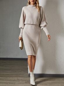 SHEIN Clasi 小高領蝙蝠袖毛衣連身裙 - 杏色 - 查看 6