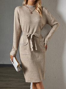 SHEIN Frenchy Cổ giả Vá Túi Viền chia cắt Thắt lưng Đầm Áo len - Màu nâu  Mocha - Xem 4