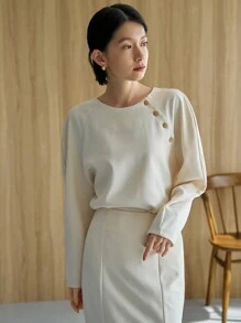 FRIFUL Áo nỉ tay raglan có nút cài, quần áo mùa thu - Màu be - Xem 1