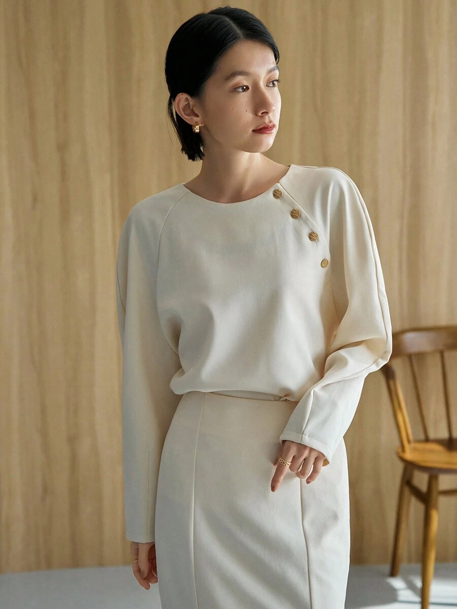 FRIFUL Áo nỉ tay raglan có nút cài, quần áo mùa thu - Màu be - Xem 1