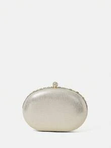 SHEIN Belle Rhinestone Decorated Gold Metallic Forward Style Clutch Bag - Gold - View 7