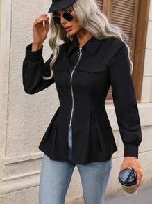 SHEIN LUNE Flap Pocket Zip Up Coat - Black - View 5