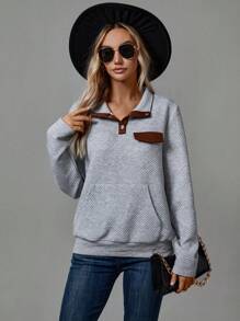 SHEIN LUNE Contrast Trim Kangaroo Pocket Sweatshirt - Grey - View 5
