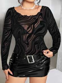 SHEIN ICON 大碼大理石圖案大圓領網紗薄透上衣 - 黑色 - 查看 4