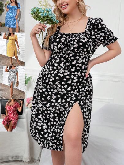 Kleid mit Blümchen Muster, Puffärmeln, Knoten vorn, Schlitz,