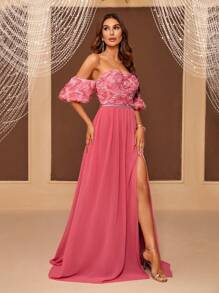 SHEIN Belle Vestido De Noche De Mujer Con Abertura Alta Y Hombros Descubiertos Con Estampado De Flores En 3d Y Diseño De Correa Trasera (resistente) - Rosa - Ver 4