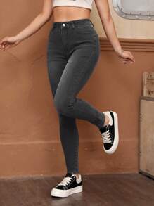 SHEIN EZwear 净色拉链门襟紧身牛仔裤 - 灰色 - 查看 1