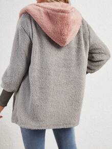 SHEIN Maternity Two Tone Hooded Teddy Coat, For Winter - Pink - View 2