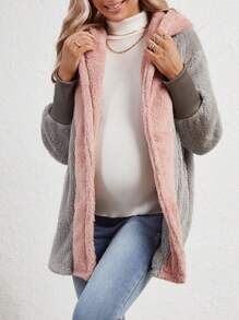 SHEIN Maternity Two Tone Hooded Teddy Coat, For Winter - Pink - View 6