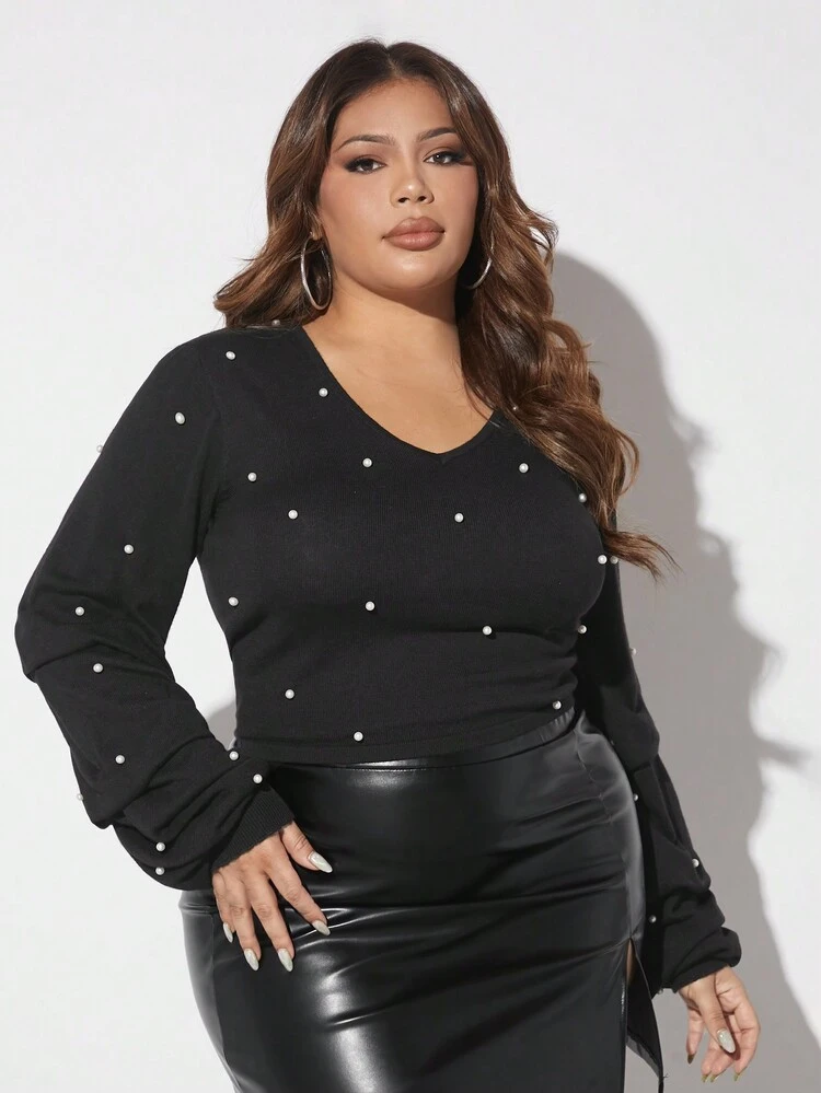 Plus Size Pearl & Beaded Detail Knit Sweater