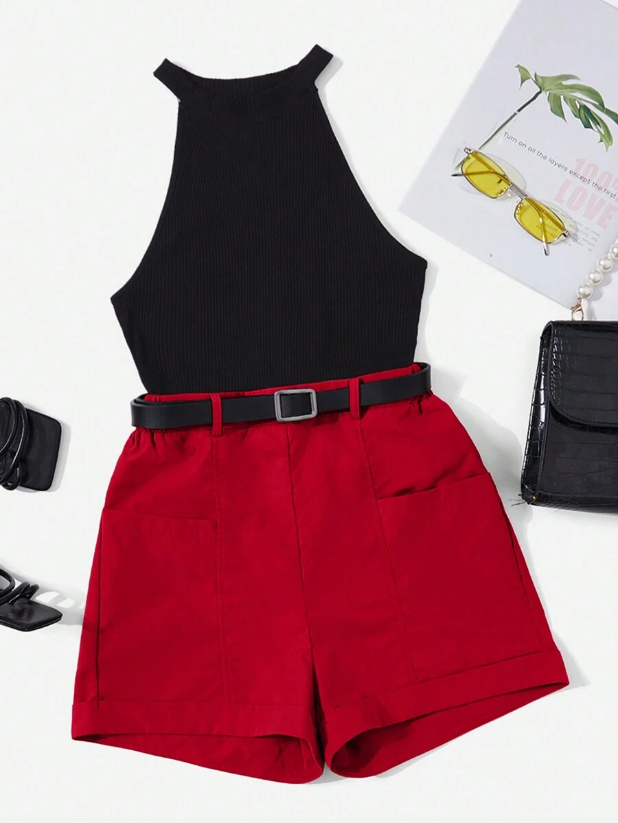 SHEIN Essnce Halter Top & Shorts Without Belt - Multicolor - View 1