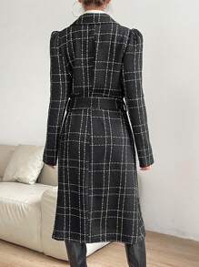 Zolique Abrigo de cuadros de cuello con solapa con cinturón - Negro - Ver 2