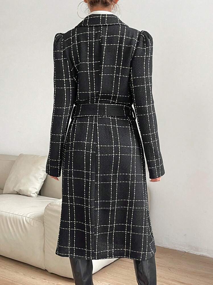 Zolique Abrigo de cuadros de cuello con solapa con cinturón - Negro - Añade 2