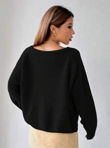SHEIN EZwear Solid Raglan Sleeve Oversized Sweater,Ladies Late Fall Casual Long Sleeve Loose Black Raglan Sleeve Pullovers Women Sweaters,Long Sleeve Tops,Off The Shoulder Sweater - Black - View 2