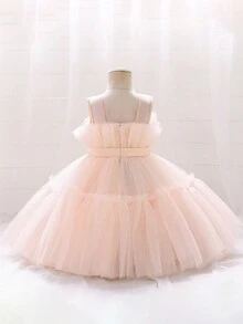 Bebé niña Vestido de fiesta ribete con fruncido con lazo delantero de malla - Rosa coral - Ver 2