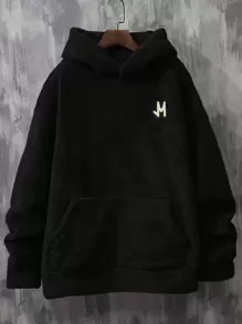 Chillumni 男士加大號字母刺繡袋鼠口袋下擺綁帶小熊外套 - 黑色 - 查看 6