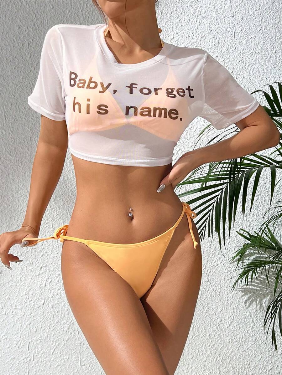 SHEIN Swim 三角杯系带侧边比基尼套装带网眼罩衫夏季 - 彩色 - 查看 1