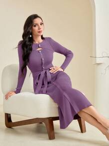 Modelyn Solid Color Belted Hollow Out Fish Tail Sweater Dress - Purple - View 4