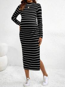 SHEIN Maternity Striped Print Split Thigh Dress With Long Sleeve