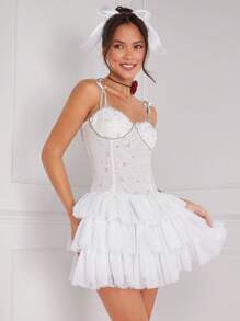 Enchnt Women's Glitter Sequin Spaghetti Strap Dress With Multilayer Mesh Hem - White - View 4