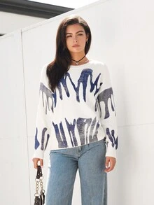 SHEIN EZwear 圖形圖案落肩袖套頭毛衣 - 藍白色 - 查看 3