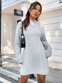 SHEIN Unity Mock Neck Cable Knit Sweater Dress - Light Grey - View 1