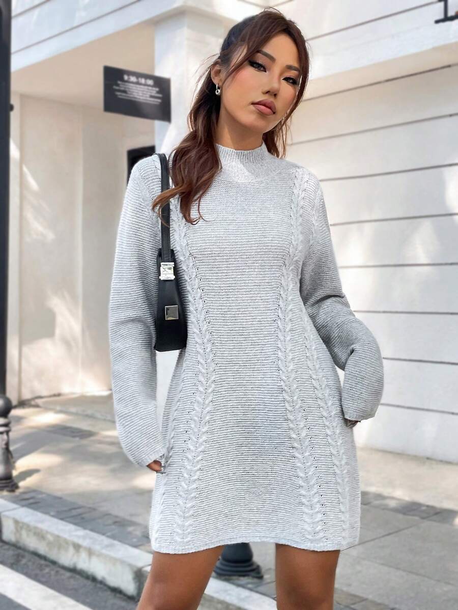 SHEIN Unity Mock Neck Cable Knit Sweater Dress - Light Grey - View 1