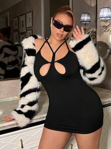 SHEIN ICON 凸顯前面空心蕾絲露背緊身裙 - 黑色 - 查看 4