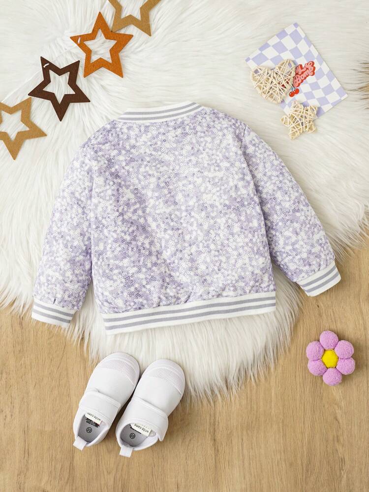 Baby Girl Star & Sequin Print Striped Trim Varsity Jacket