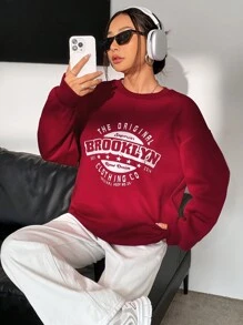 SHEIN Unity Women's Letter Slogan Print Thermal Lined Sweatshirt - Burgundy - View 1