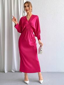 SHEIN Privé 深V領蝙蝠袖洋裝 - 玫紅色 - 查看 3