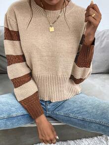 SHEIN Frenchy 條紋圖案燈籠袖套頭毛衣 - 卡其色 - 查看 3