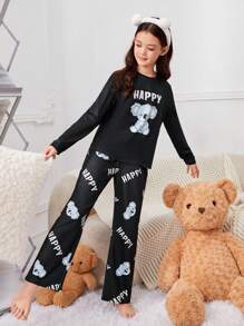 SHEIN Tween Girls' Everyday Casual Koala Patterned Round Neck Long Sleeve Pajama Set - Black - View 4