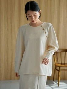 FRIFUL Áo nỉ tay raglan có nút cài, quần áo mùa thu - Màu be - Xem 3